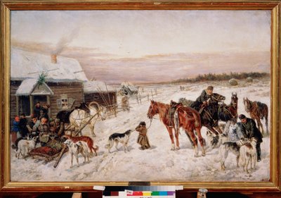 Voor een herberg in de winter. door Nicolas Gregorovitch Svertschkoff