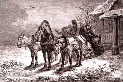 Rusland. Relaisstation in 1865. Posthuis. 1865 (gravure) door Nicolas Gregorovitch Svertschkoff