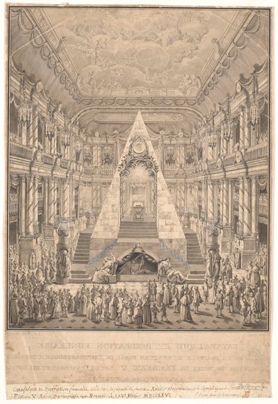Kapel van het kasteel Christiansborg met de katafalk van Frederik V door Nicolas Henri Jardin