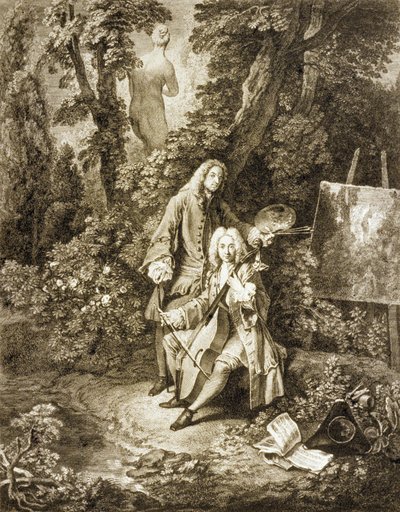 Heren de Jullienne en Watteau in een park naar schilderij van Watteau door Nicolas Henri Tardieu