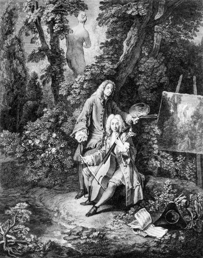 Schilder Jean Antoine Watteau (1684-1721) en zijn vriend Jean De Jullienne (1686-1766), gravure door Nicolas Henri Tardieu door Nicolas Henri Tardieu