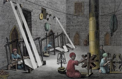 Interieur van een weverswerkplaats, uit Volume II Kunsten en Ambachten van 