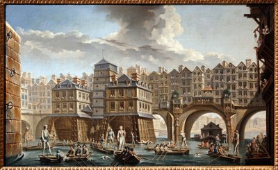 Het steekspel van de schippers, tussen de Notre Dame-brug en de Pont au Change door Nicolas and Jean Baptiste Raguenet