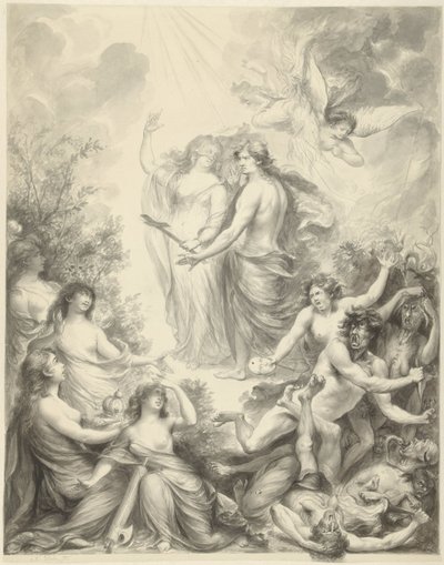 Allegorie waarin Geloof een man het juiste pad wijst door Nicolas Joseph Delin