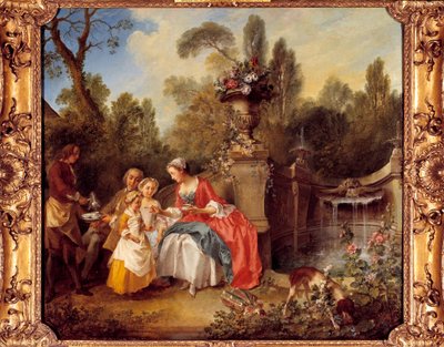 Een vrouw in een tuin drinkt koffie met kinderen of een kopje chocolade door Nicolas Lancret