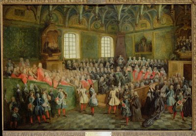 Bed van Justitie gehouden in het Parlement bij de meerderjarigheid van Lodewijk XV (1710-74), 22 februari 1723 door Nicolas Lancret