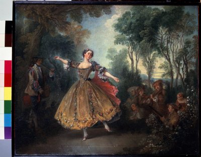 Mlle Camargo dansend. Marie Anne de Cupis Camargo, bekend als La Camargo (1710-1770), dansend. door Nicolas Lancret