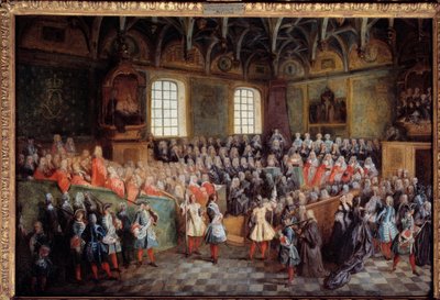 Lit de justice gehouden door de meerderheid van koning Lodewijk XV in de Grote Kamer van het Parlement van Parijs op 22 februari door Nicolas Lancret