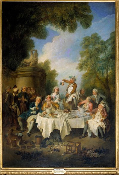 De ham scène lunch van een landelijk banket rond een ham in de adel. Schilderij door Nicolas Lancret (1690-1743) 1735. Chantilly, museum Conde door Nicolas Lancret