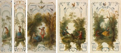 Muurpanelen: De Tuinman, Tuinbouw, De Wijngaard, De Wip, De Schommel door Nicolas Lancret