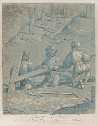 De Uitvinding van het Kruis, drie mannen tillen een kruis uit een greppel door Nicolas Le Sueur