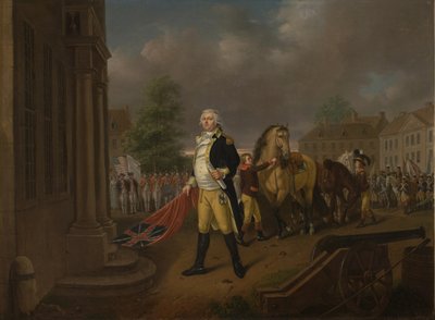 Generaal Humphreys levert de standaarden die bij Yorktown zijn genomen af in Congress Hall, Philadelphia door Nicolas Louis Albert Delerive