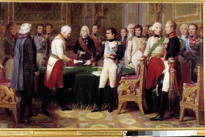Het interview van Erfurt, 27 september - 14 oktober 1808: Napoleon I ontvangt baron Vincent, een Oostenrijkse diplomaat en gezant van de keizer van Oostenrijk. In het midden tussen de twee personages zien we Charles Maurice de Talleyrand Perigord (1754-183 door Nicolas Louis Francois Gosse