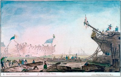 Te water laten van een schip in Brest, ca. 1750-1810 door Nicolas Marie Ozanne