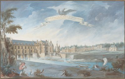 Gezicht en Perspectief van het Kasteel van Chenonceaux door Nicolas Marie Ozanne
