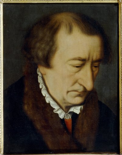 Portret van Johann Neudorffer de oudere (1497-1563). Meester schrijver, auteur van de verzameling Fundament (1519, Neurenberg), het oudste gedrukte schrijfhandboek. Schilderij van Nicolas Neufchatel, olie op doek door Nicolas Neufchatel