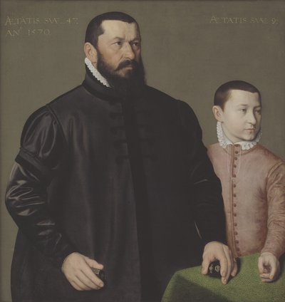 Portret van de Neurenbergse goudsmid Hans Lencker (1523-1585) en zijn 9-jarige zoon Elisius de Jongere door Nicolas Neufchatel