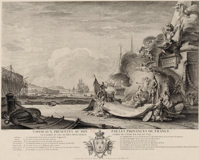 Allegorische gravure van de schenking van schepen circa 1762 door Nicolas Ozanne