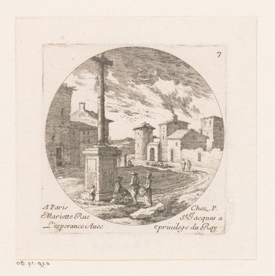 Figuren bij crucifix in dorp door Nicolas Perelle