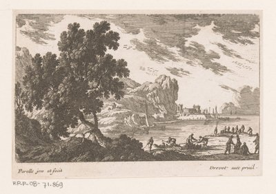 Kustgezicht met havenarbeiders door Nicolas Perelle