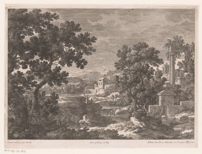 Landschap met antieke bron bij rivier door Nicolas Perelle