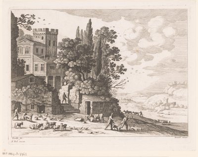 Landschap met huis, figuren en vee door Nicolas Perelle