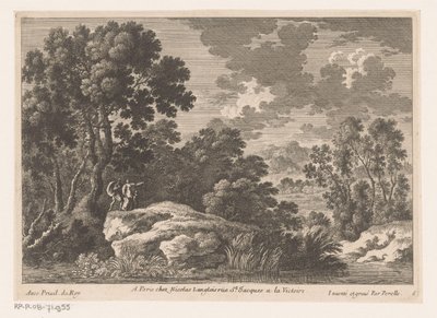 Landschap met man, vrouw en kind op rots bij vijver door Nicolas Perelle