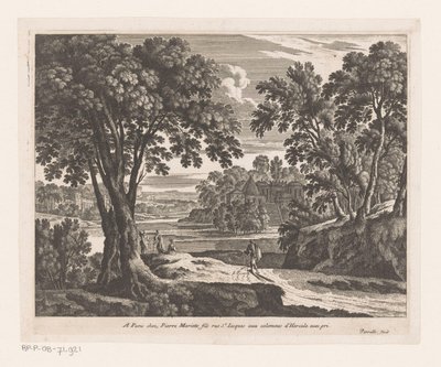 Landschap met rivier en wandelaars door Nicolas Perelle