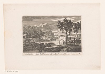 Landschap met wandelaars bij stenen brug door Nicolas Perelle