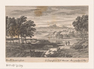 Landschap met wandelaars bij stenen brug door Nicolas Perelle
