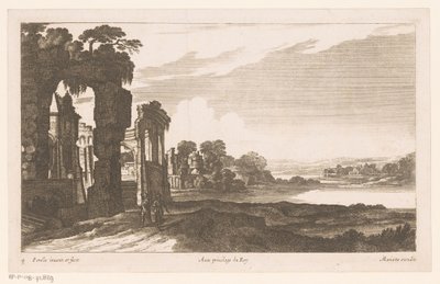 Rivierlandschap met begroeide ruïnes door Nicolas Perelle