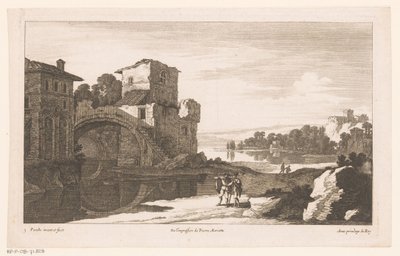 Rivierlandschap met ruïne met boogbrug door Nicolas Perelle