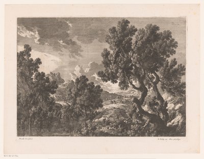 Rotsachtig landschap met bomen aan water door Nicolas Perelle