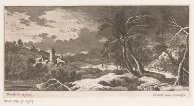 Winterlandschap met huizen en toren door Nicolas Perelle