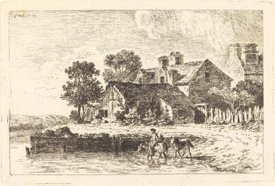 Paarden worden naar het water geleid aan een kronkelende rivier door Nicolas Perignon