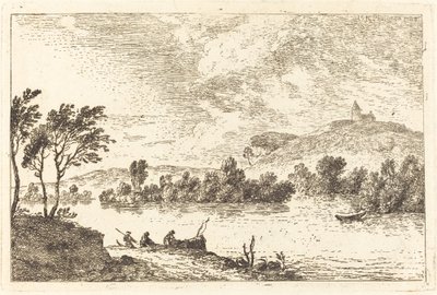 Rivierlandschap met Figuren en een Boot aan de Waterkant door Nicolas Perignon