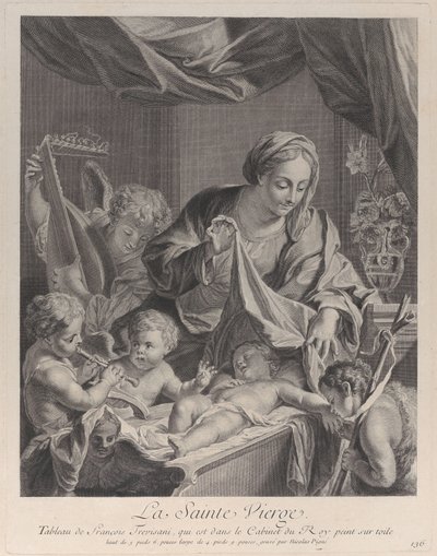 De Maagd die een doek boven het slapende Christuskind houdt, met muzikale engelen, ca. 1729 door Nicolas Pigne