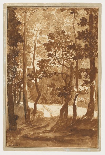 Ein Pfad, der in eine Waldlichtung führt door Nicolas Poussin