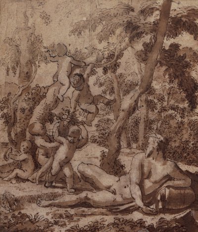 Een bebost landschap met een riviergod en putti door Nicolas Poussin