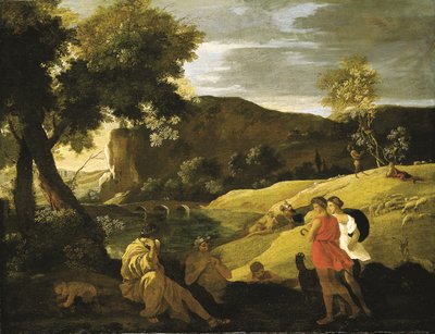 Een Arcadisch landschap met verhalen uit de legendes van Pan en Bacchus door Nicolas Poussin