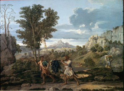 Herfst of de druiventros teruggebracht uit het beloofde land / De terugkeer van Josue en Caleb met een enorme druiventros uit het land Kanaän door Nicolas Poussin