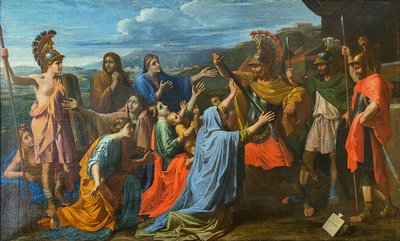Coriolanus overgehaald door zijn Familie om Rome te sparen Veturia aan de Voeten van Coriolanus door Nicolas Poussin