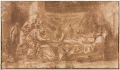 Laatste sacrament recto, drie hoofden en andere schetsen verso, 1643-1644 door Nicolas Poussin