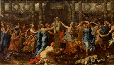 Hymenaios verkleed als vrouw tijdens een offer aan Priapus (detail) door Nicolas Poussin