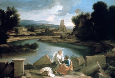 Landschap met Sint Mattheüs en de engel door Nicolas Poussin