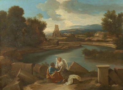 Landschap uit de Romeinse Campagna, met Matteüs en de engel door Nicolas Poussin