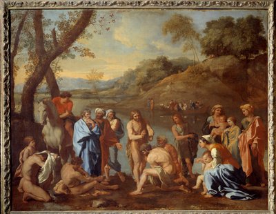 Sint Jan doopt de mensen. Sint Jan de Doper zegent mannen bij een rivier door Nicolas Poussin