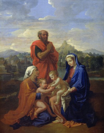 De Heilige Familie met St. Johannes, St. Elizabeth en St. Joseph die bidden, 1656 door Nicolas Poussin