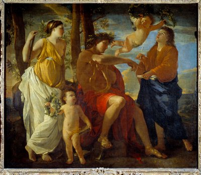 De inspiratie van de dichter, een dichter met een lier in de hand en een lauwerkrans op het hoofd, omringd door Muzen en putti. schilderij door Nicolas Poussin door Nicolas Poussin