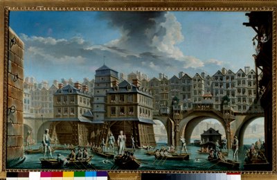 Het spel van de zeeman tussen de Pont Notre-Dame en de Pont-au-Change. Een nautisch spel op de Seine in Parijs. Schilderij door Nicolas Jean Baptiste Raguenet (1715-1793) 1756 Parijs, Musee Carnavalet door Nicolas Raguenet